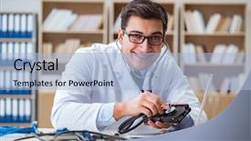  Presentation with hard work and growth - Slide deck featuring proffesional repairman repairing broken hard background and a light blue colored foreground