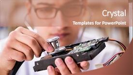  Presentation with hard disk drive - Slide deck featuring proffesional repairman repairing broken hard background and a coral colored foreground