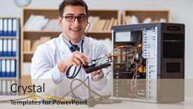  Presentation with tablet broken - Beautiful slides featuring proffesional repairman repairing broken hard backdrop and a coral colored foreground