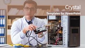  Presentation with tablet broken - Theme having proffesional repairman repairing broken hard background and a coral colored foreground