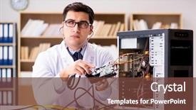  Presentation with hard disk drive - PPT layouts with proffesional repairman repairing broken hard background and a tawny brown colored foreground