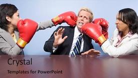  Presentation with two roads - Colorful PPT theme enhanced with profil unair - two businesswomen punching a businessman backdrop and a violet colored foreground