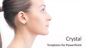  Presentation with man looking up happy - Beautiful presentation design featuring profile face - happy beautiful young woman is backdrop and a  colored foreground