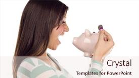  Presentation with ethnic - Beautiful PPT theme featuring profile of a pretty smiling ethnic female putting a coin into her pink piggy bank isolated on a white background backdrop and a lemonade colored foreground