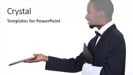  Presentation with waiter - Cool new PPT layouts with profile of a waiter with a menu backdrop and a white colored foreground