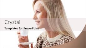  Presentation with minute - PPT layouts enhanced with profile of blond female looking afar while having coffee minute background and a soft green colored foreground