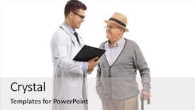  Presentation with elderly - Audience pleasing presentation consisting of profile patients - doctor and elderly man talking backdrop and a light gray colored foreground