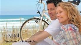  Presentation with bicycles - Slide deck featuring profile picture of couple sat next to bicycles at the beach background and a coral colored foreground