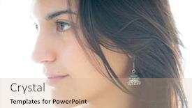  Presentation with dark skin - Beautiful presentation design featuring profile portrait of young smiling woman with flawless skin and long dark hair on white background backdrop and a coral colored foreground