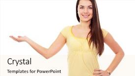  Presentation with hand holding puzzle piece - PPT theme having profile presentations - young happy woman holding her background and a lemonade colored foreground