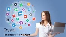  Presentation with application - Beautiful PPT theme featuring profile presentations - young person presenting new application backdrop and a  colored foreground