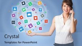  Presentation with application - PPT theme featuring profile presentations - young person presenting new application background and a light blue colored foreground