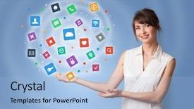  Presentation with application - Audience pleasing theme consisting of profile presentations - young person presenting new application backdrop and a light blue colored foreground