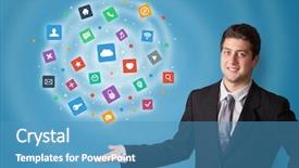  Presentation with application - PPT theme featuring profile presentations - young person presenting new application background and a teal colored foreground