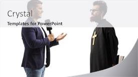  Presentation with microphone - Theme consisting of profile-shot-of-a-reporter background and a white colored foreground