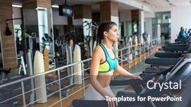 Presentation with treadmill - Amazing PPT theme having profile view of attractive young woman exercising on treadmill while having intensive workout at spacious gym backdrop and a tawny brown colored foreground