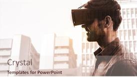  Presentation with city buildings - Beautiful presentation featuring profile view of businessman holding virtual glasses against low angle view of city buildings backdrop and a lemonade colored foreground