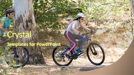  Presentation with man riding big bike motor - Audience pleasing slide deck consisting of profile view of couple riding bike in the wood backdrop and a violet colored foreground