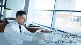 Presentation with haircut - Presentation design consisting of profile view of handsome manager with stylish haircut sitting opposite panoramic cafe window and working on modern laptop waist-up portrait background and a light blue colored foreground