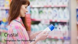  Presentation with supermarket - Audience pleasing PPT theme consisting of profile view of woman choosing backdrop and a  colored foreground
