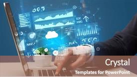  Presentation with laptop computers around the world - Cool new slide deck with profit loss - businessman hand typing on laptop backdrop and a coral colored foreground