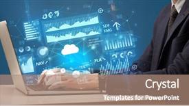  Presentation with laptop computers around the world - Slides with profit loss - businessman hand typing on laptop background and a coral colored foreground