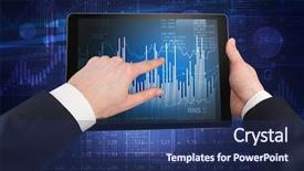  Presentation with financial system - Presentation featuring profit loss - first person hand using tablet background and a navy blue colored foreground