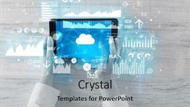  Presentation with management report system: mrs - Colorful presentation design enhanced with profit loss - hand holding tablet and checking backdrop and a light blue colored foreground