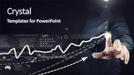  Presentation with touch screen - Presentation enhanced with profitability growth - businessman hand pushing business graph background and a  colored foreground