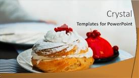  Presentation with vanilla - Cool new PPT layouts with profiterole with vanilla and chocolate sauce backdrop and a white colored foreground