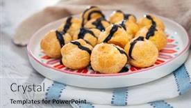  Presentation with vanilla - Cool new PPT theme with profiteroles - profiterole with vanilla and chocolate backdrop and a light blue colored foreground