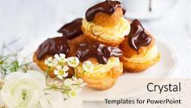  Presentation with sauce - Cool new PPT layouts with profiteroles with cream and chocolate backdrop and a yellow colored foreground