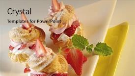  Presentation with strawberries - PPT theme consisting of puff pastry triangles filled - profiteroles with cream and strawberries background and a coral colored foreground