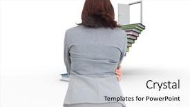  Presentation with apple on open books - Presentation design with progra - businesswoman against steps made background and a  colored foreground