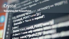  Presentation with code of ethics - Colorful presentation design enhanced with program code on a monitor backdrop and a gray colored foreground