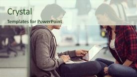  Presentation with creative writing - Colorful theme enhanced with program development - young software developers couple using backdrop and a cream colored foreground