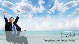  Presentation with computer vision abstract digital eye - PPT theme consisting of tape recorder and retro cassettes with headphones on wooden table background background and a dark gray colored foreground