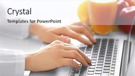  Presentation with education on computer black hands - Presentation design consisting of program menu - hands of female nutritionist working background and a sky blue colored foreground