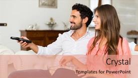  Presentation with couple - Cool new PPT theme with program tv - happy smiling couple watching tv backdrop and a coral colored foreground