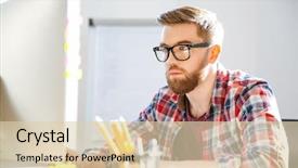  Presentation with sitting posture and computer ergonomics - Theme enhanced with programmer - serious handsome bearded man background and a lemonade colored foreground