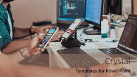  Presentation with mobile applications - Presentation having programmers-engrossed-in-deep-collaboration background and a coral colored foreground