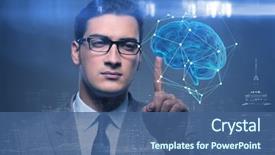  Presentation with programming - Colorful presentation design enhanced with programming - businessman in artificial intelligence concept backdrop and a ocean colored foreground