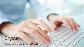  Presentation with worker - Presentation theme consisting of programming - female office worker typing background and a soft green colored foreground