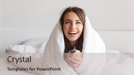  Presentation with remote - Theme enhanced with programming - laughing young woman laying background and a light gray colored foreground