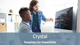  Presentation with monitor computer - Colorful slide set enhanced with programming - positive skilled young multiethnic coders backdrop and a seafoam green colored foreground