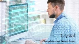  Presentation with development - Colorful PPT theme enhanced with programming - program development concept young man backdrop and a light blue colored foreground