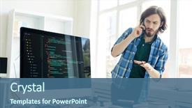  Presentation with web programming - Theme having programming - puzzled handsome hipster young it background and a ocean colored foreground