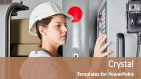  Presentation with cnc machine - Presentation theme having programming - woman as worker or apprentice background and a coral colored foreground