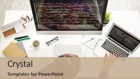  Presentation with programming - Audience pleasing PPT theme consisting of programming - young programmer at workplace backdrop and a coral colored foreground