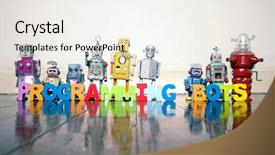  Presentation with robot programming - Slide deck featuring programming bots wooden letters background and a sky blue colored foreground